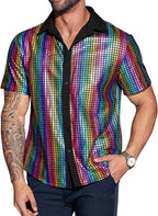 Runcati Mens Disco Shirt 70s Shirts Short Sleeve Button Down Vintage Sequin Metallic Disco Outfits Party Costume Top