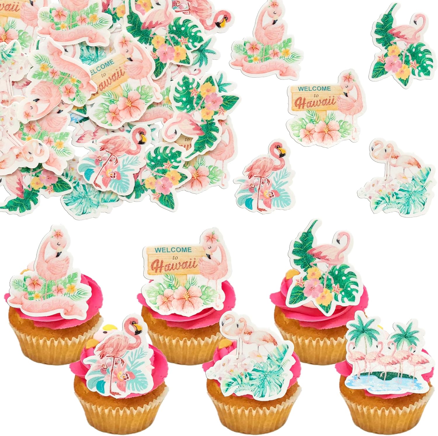 Gyufise 54Pcs Edible Flamingo Cupcake Toppers Wafer Paper Cocktail Tropical Aloha Luau Cake Dessert Pick Summer Hawaiian Beach Cupcake Decorations for Birthday Wedding Party Supplies Pink