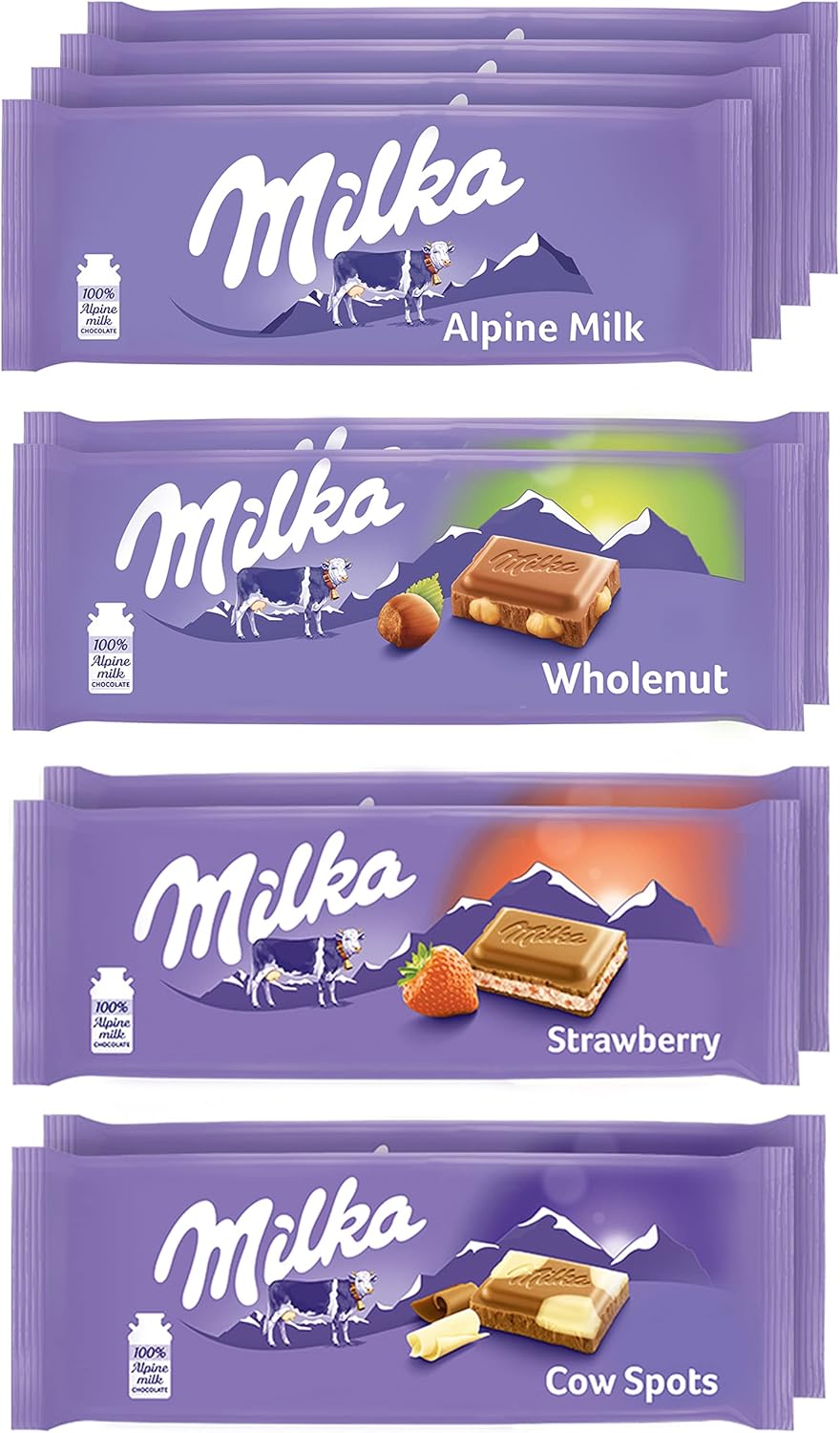 Milka European Chocolate Bars Variety Pack, Alpine Milk Chocolate, Cow Spots, Strawberry & Wholenut Hazelnut, 10 - 3.52 oz Bars