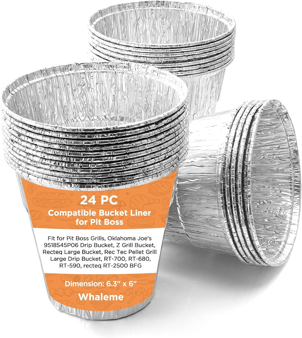 24 Pack Disposable Foil Liners & Grease Bucket Liners for Pit Boss Grills 67292 Foil, Oklahoma Joe's 9518545P06, Ironwood, Flatrock, Recteq Large Bucket etc. 6.3 x 6.0”, Disposable Drip Bucket Cup