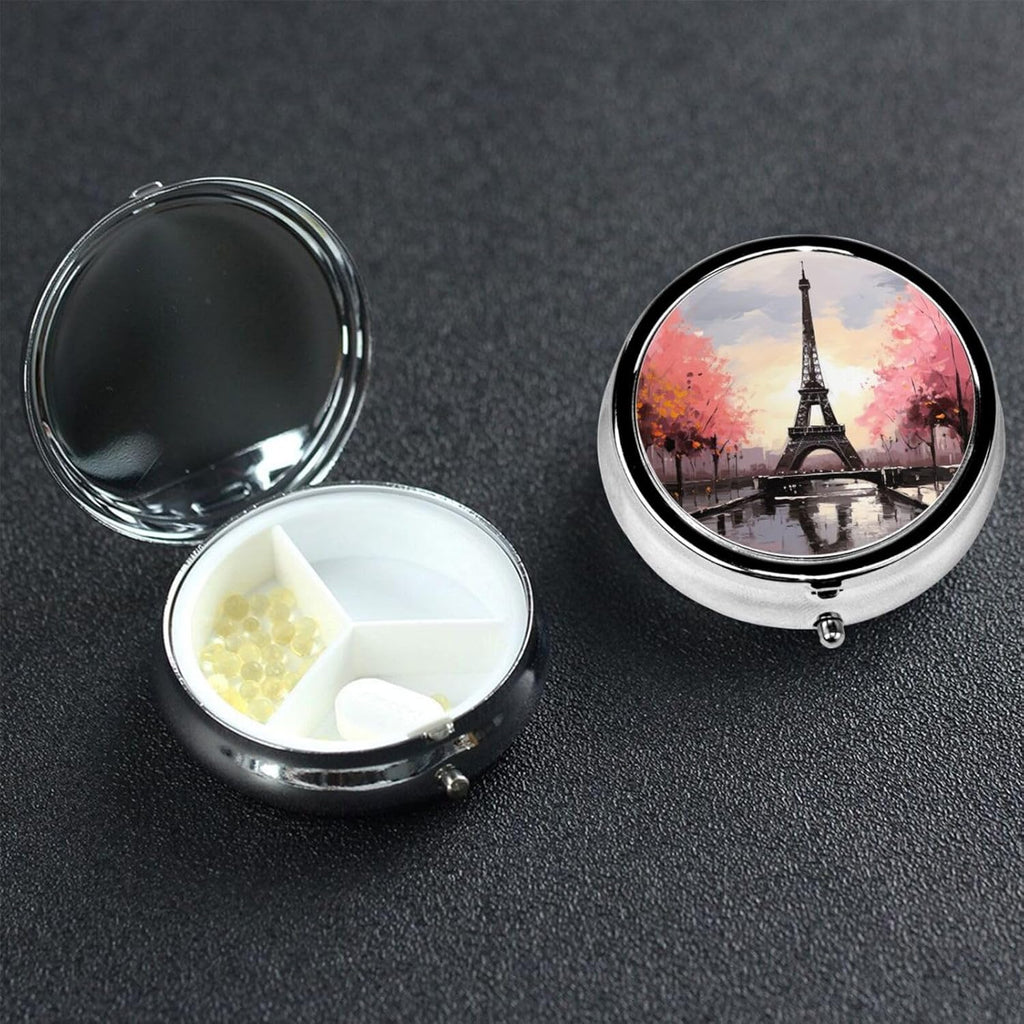 Oil Painting Paris Eiffel Tower Pill Case 3 Compartments, Metal Round Portable Pill Box with Mirror, Waterproof Travel Pill Organizer for Purse & Pocket, Small Medicine Vitamin Holder Unique Gift