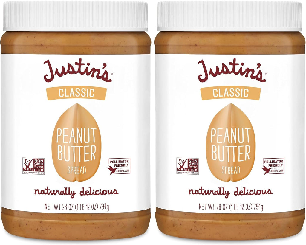 Justin's Classic Peanut Butter Creamy Spread, No Stir, Gluten-Free, 28 Ounce Jar, (Pack of 2)