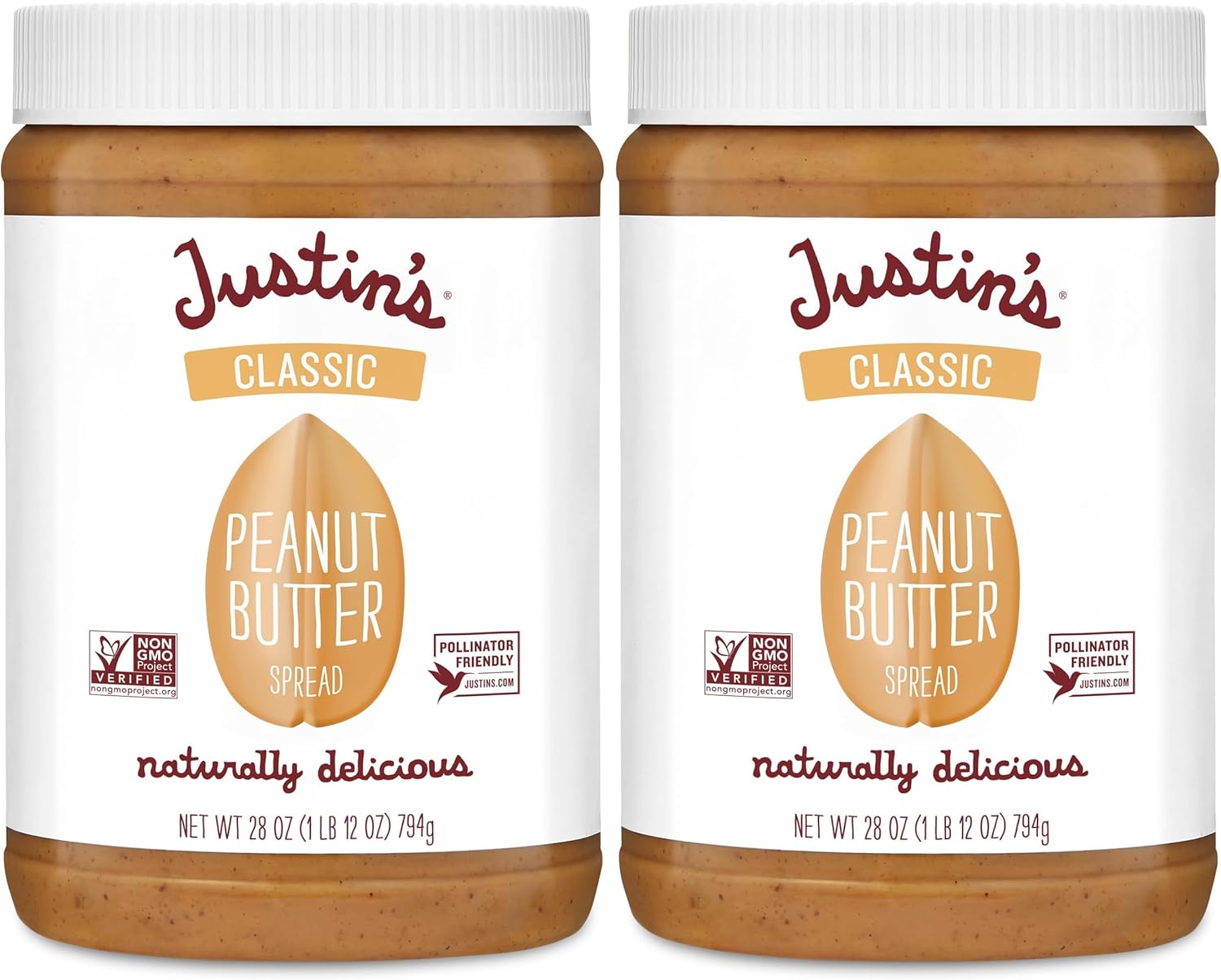 Justin's Classic Peanut Butter Creamy Spread, No Stir, Gluten-Free, 28 Ounce Jar, (Pack of 2)
