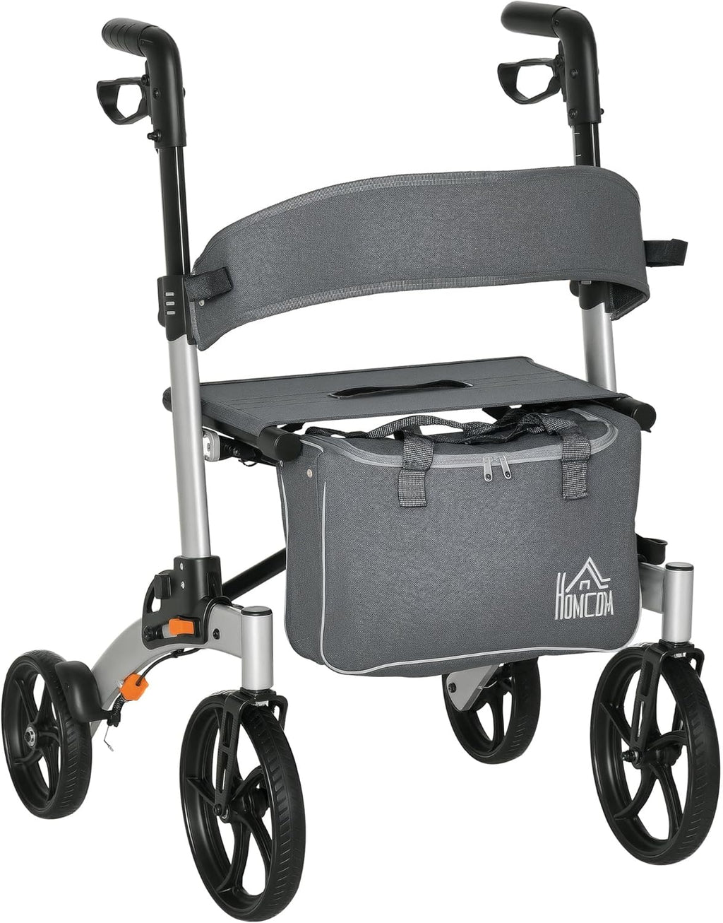 HOMCOM Aluminum Rollator Walker for Seniors and Adults with 10'' Wheels, Seat and Backrest, Folding Rolling Walker with Adjustable Handle Height and Storage Bag, Support up to 300lbs, Gray