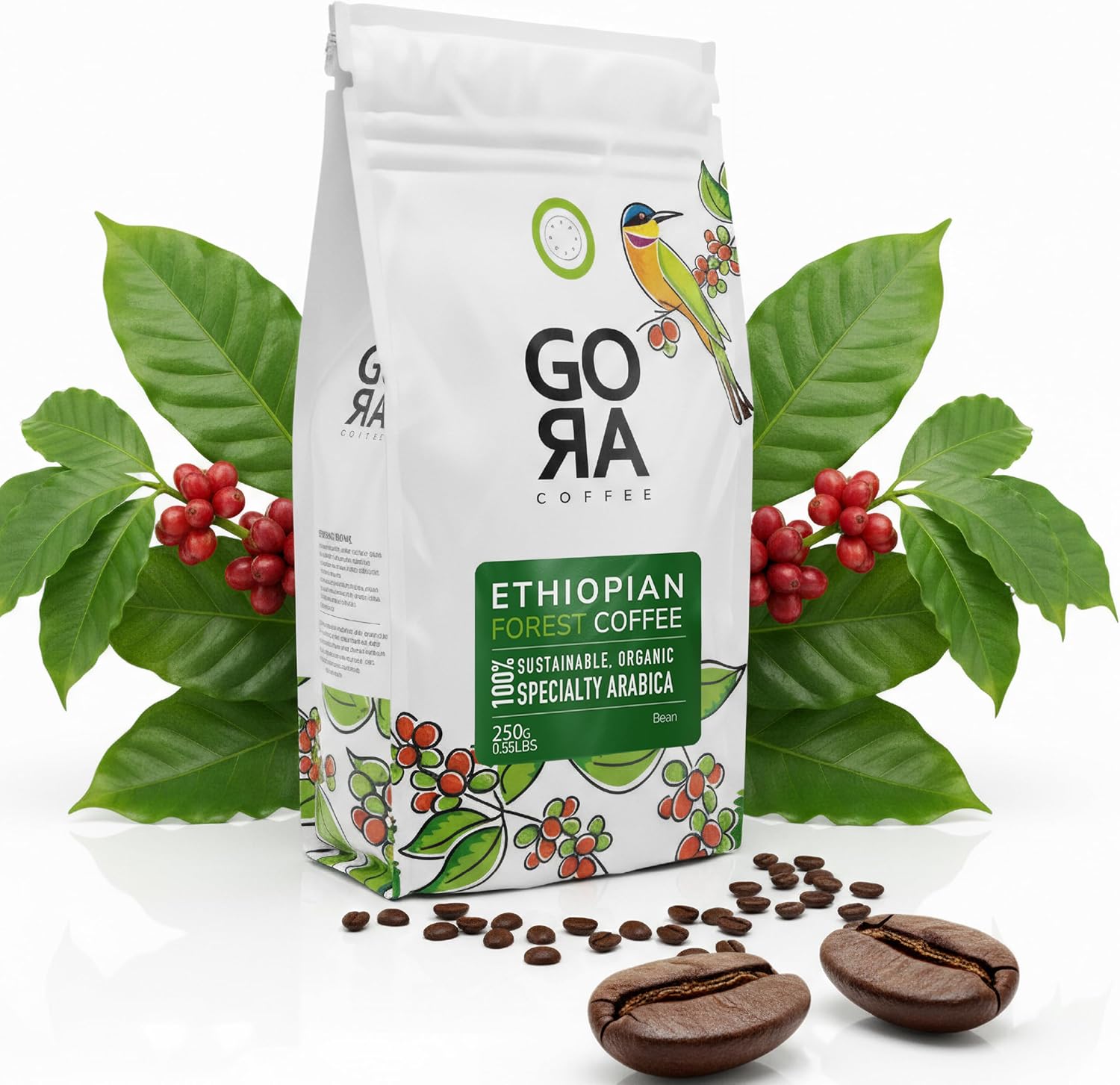 GoRa Organic Ethiopian Coffee Beans – Medium Roast Whole Bean, Single Origin 100% Arabica, Smooth Fruity & Floral Notes, Forest-Grown Specialty Coffee – 250g (8.8oz)