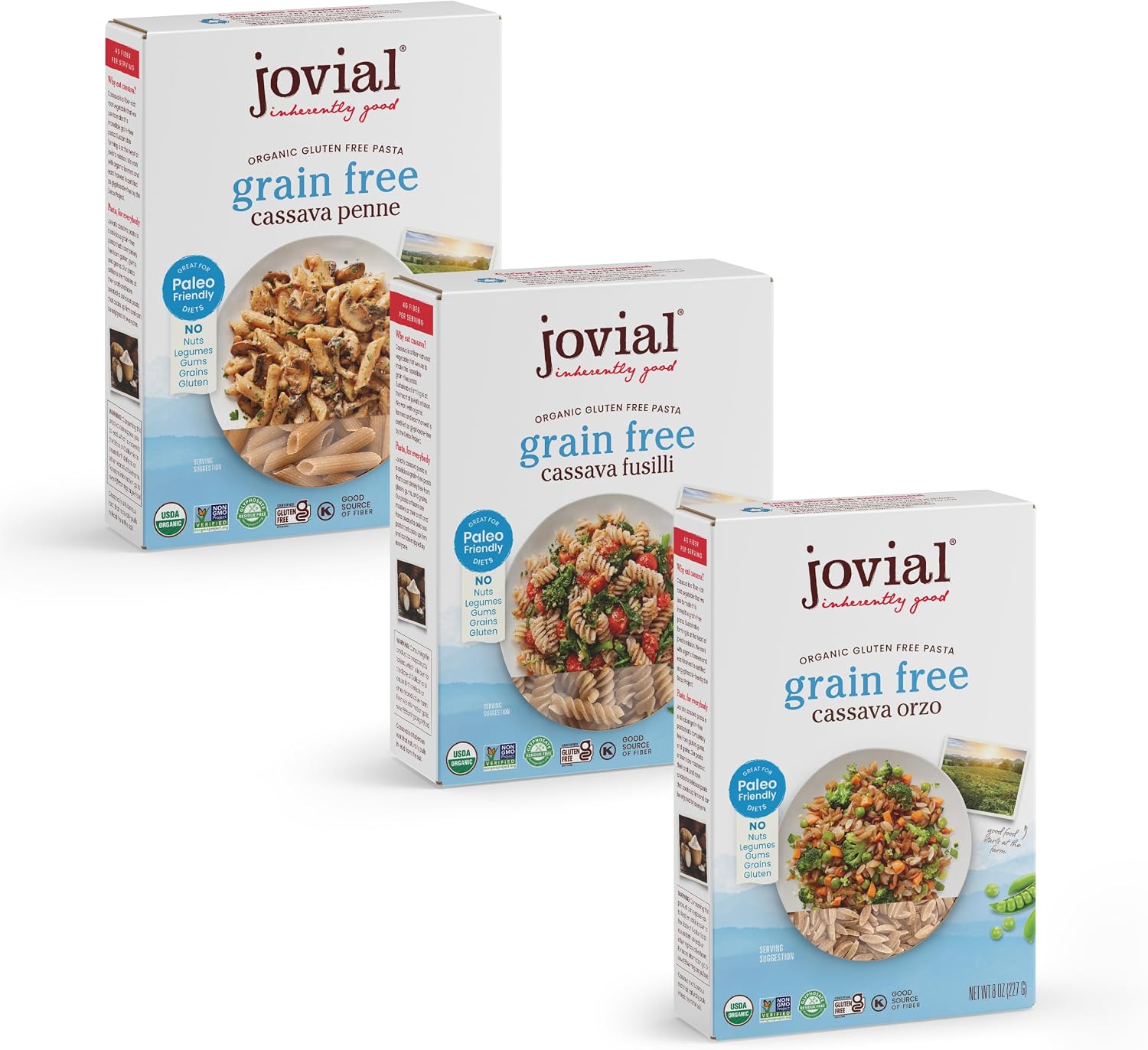 Jovial Grain-Free Cassava Pasta Variety (Orzo, Penne and Fusilli) - Cassava Pasta, Paleo Pasta, Gluten Free Pasta Spaghetti, Grain-Free, Gluten-Free, Organic, Non-GMO - 3 Pack, 1 of Each Flavor