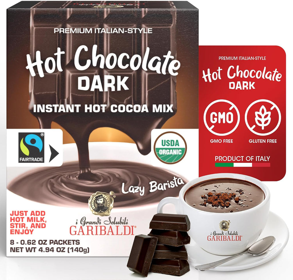 Cafe Garibaldi Premium Dark Hot Chocolate - Organic Instant Cocoa Mix with Dark Cacao Powder, Fair Trade, Gluten-Free, & GMO-Free, 8 Servings x 0.62oz Packets, Ideal Italian Hot Chocolate Gift