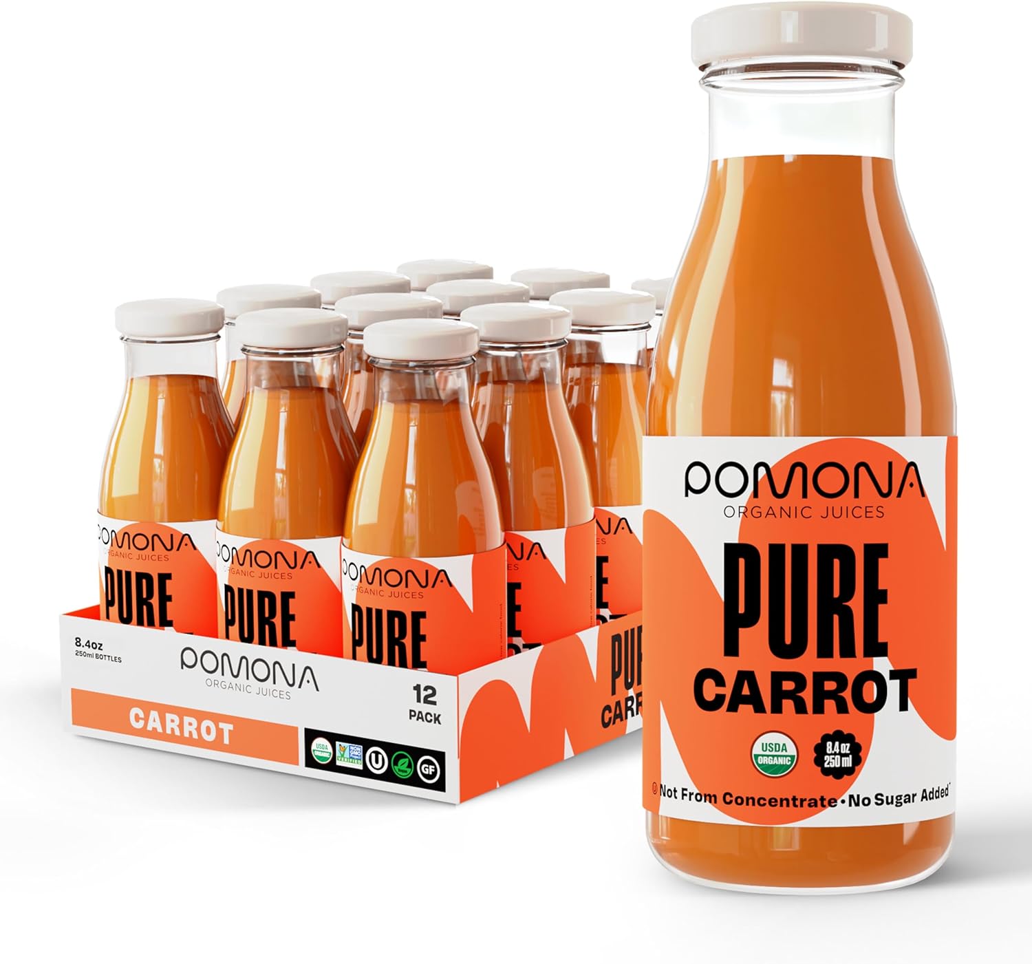 Pomona Organic Carrot Juice, Cold Pressed USDA Organic Juices, 100% Carrots, No Added Sugar, Not From Concentrate, Vegan, Kosher, Non GMO, Pasteurized, 8.4 Ounce (Pack of 12)