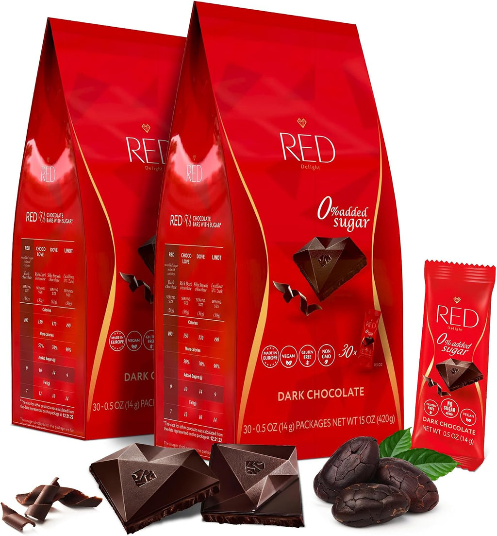 Red Delight Snack Size Dark Chocolate Bars - Pack of 2, 30oz (With 60 Diamond-Shaped Dark Chocolates) - Low Carb, Kosher, No Added Sugar, Gluten-Free - Smooth European-Style Healthy Birthday Treat