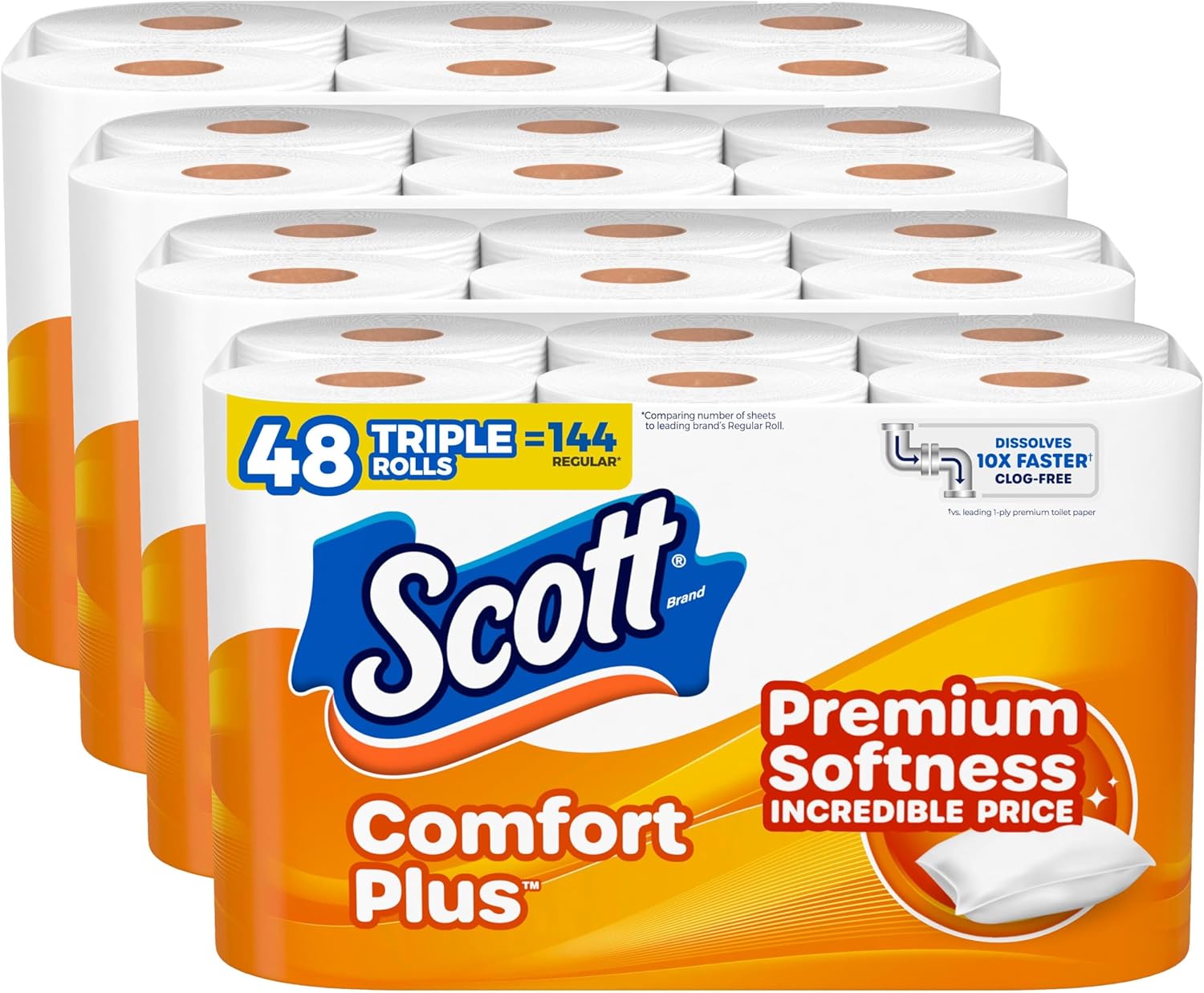 Scott ComfortPlus Toilet Paper, 48 Triple Rolls, 231 Sheets per Roll, Septic-Safe, 1-Ply Toilet Tissue (Packaging May Vary)