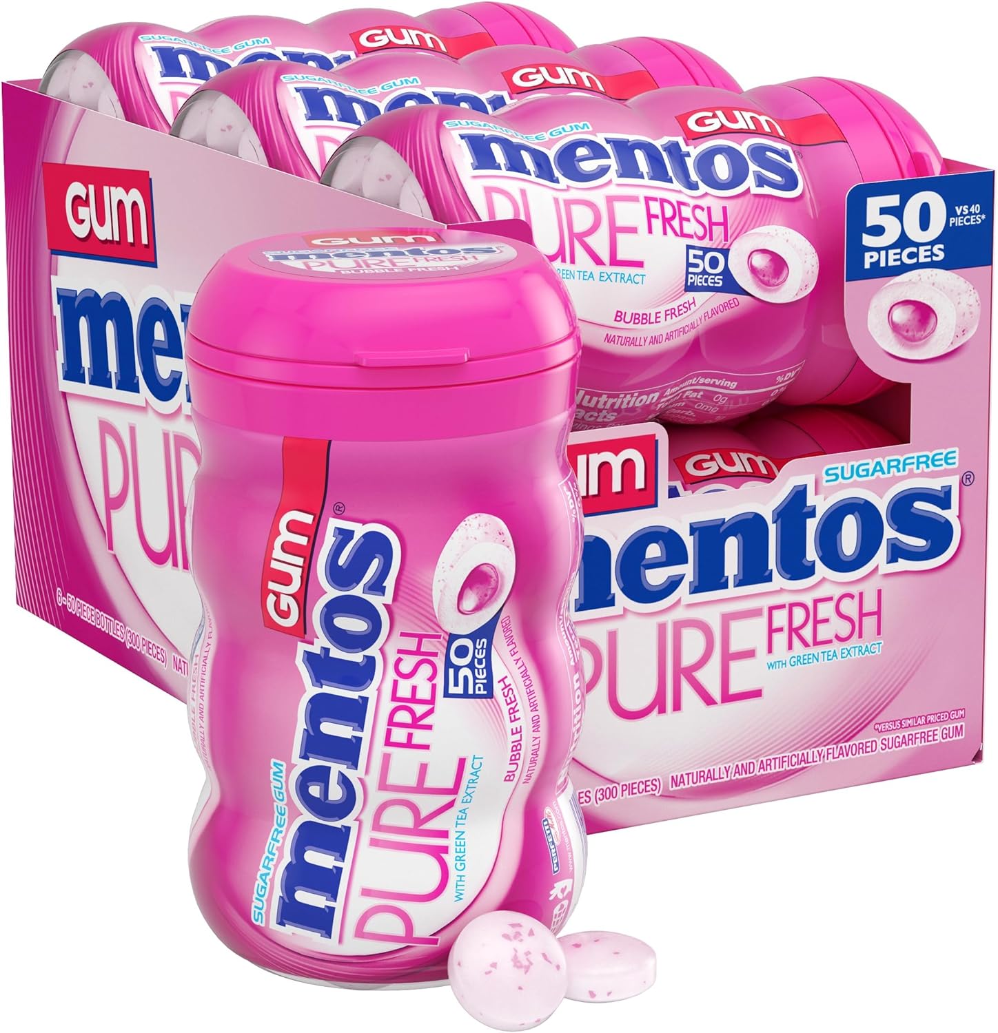 Mentos Pure Fresh Sugar-Free Chewing Gum with Xylitol, Bubble Fresh Flavor, Easter Basket Essentials Stuffers for Kids and Adults, 90% Recyclable Curvy Bottle, 50 Pieces (6-Pack)