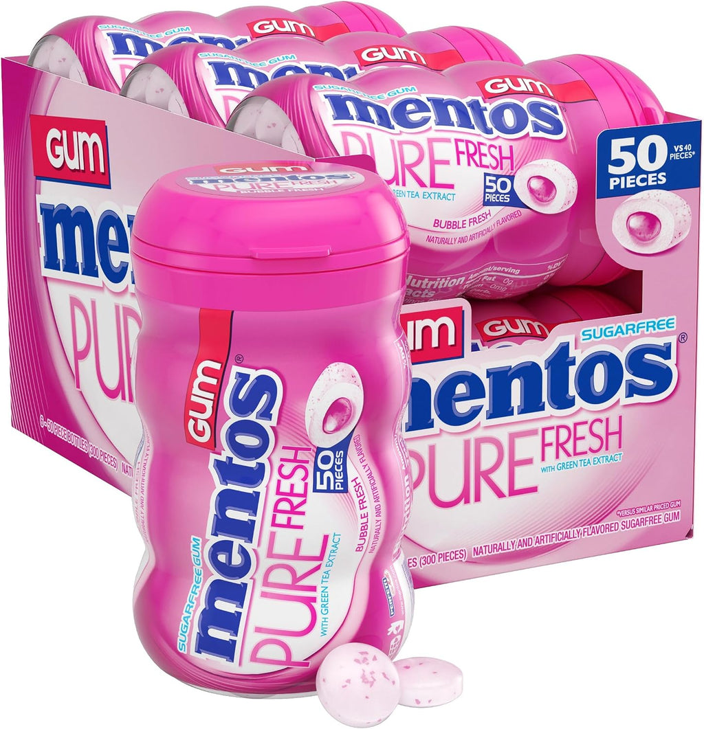 Mentos Pure Fresh Sugar Free Gum With Xylitol Sweetener, Bubble Fresh, 90% Recyclable Curvy Bottle, 50 Pieces per Bottle, 6 Pack