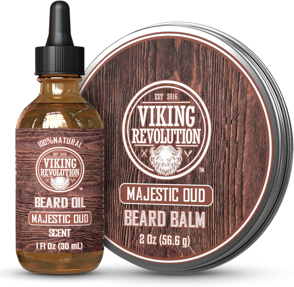Viking Revolution Majestic Oud Beard Balm for Men and Majestic Oud Beard Oil Bundle - With Argan and Jojoba Oils - Soften and Moisturize your Beard