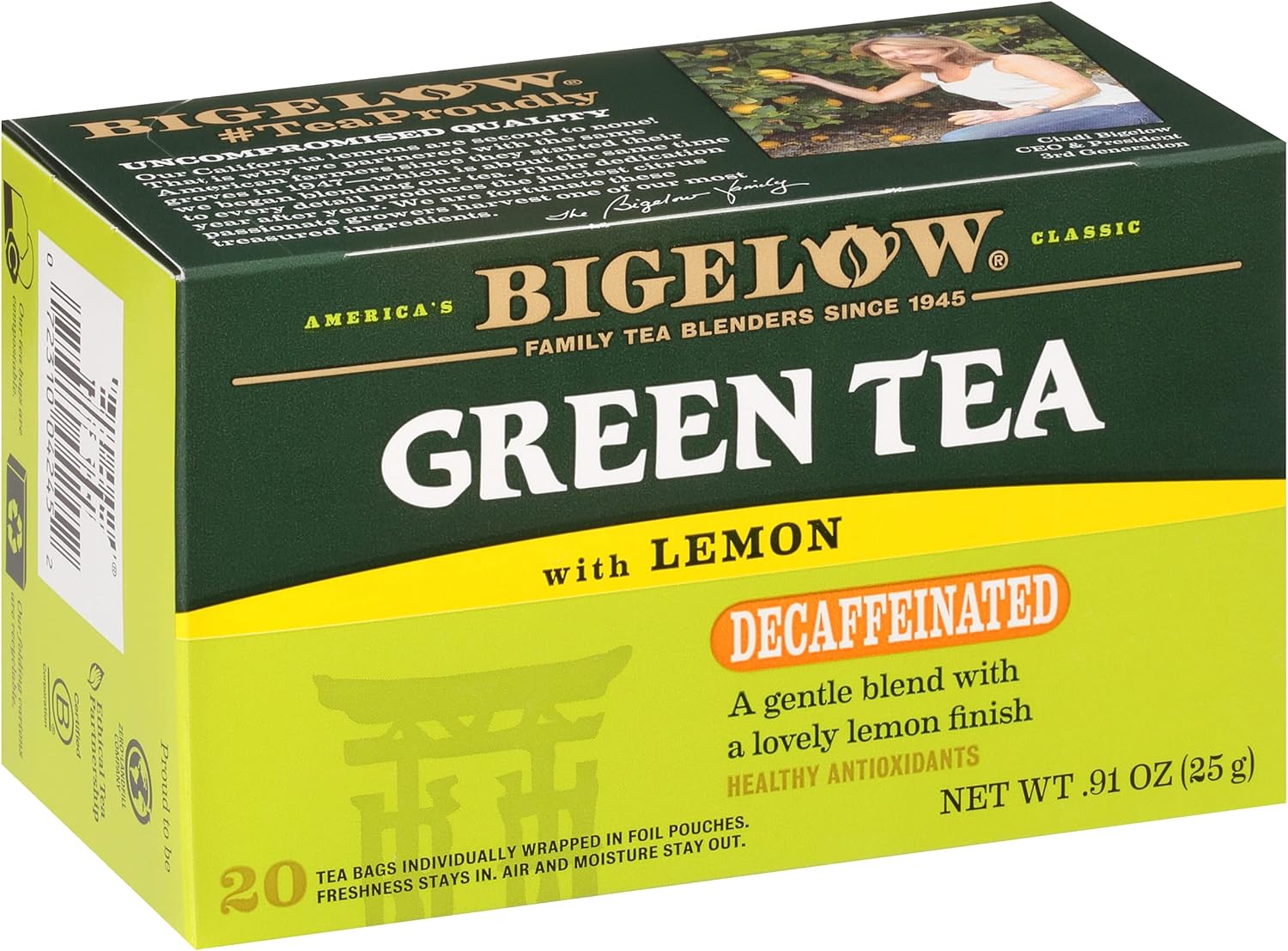 Bigelow Tea Decaffeinated Green Tea with Lemon, Decaf Tea with Green Tea and Lemon, 20 Count Box (Pack of 6), 120 Total Tea Bags