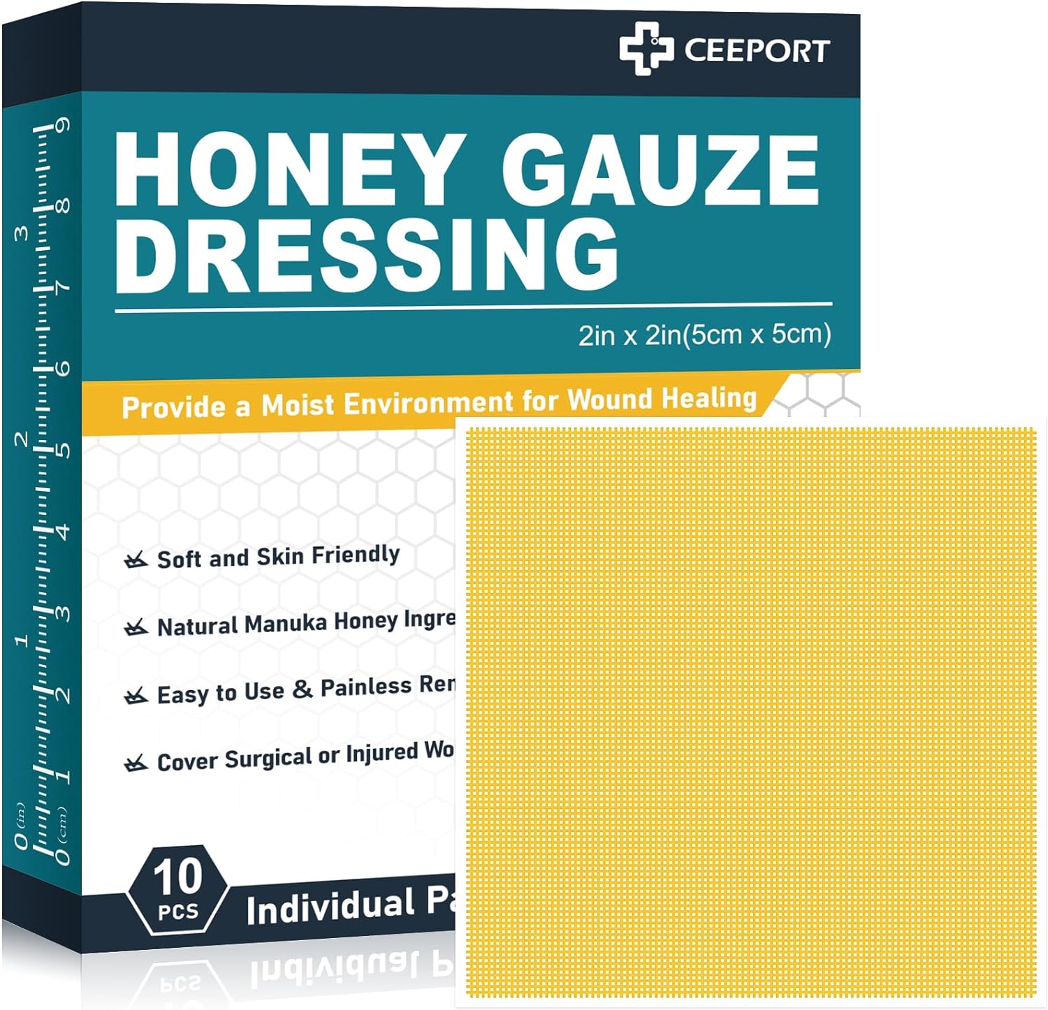 Manuka Honey Gauze Wound Dressing 2" x 2",10 Pack Manuka Honey Wound Care Pads, Medical Grade Honey Bandages for Wound Care, Honey Patch for Faster Healing from Burns,Abrasions,Cuts and Scalds