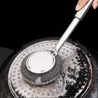 Stainless Steel Long Handle Cleaning Brush Detachable Metal Wire Ball Kitchen Pot Bowl Wiping Cleaning Tool