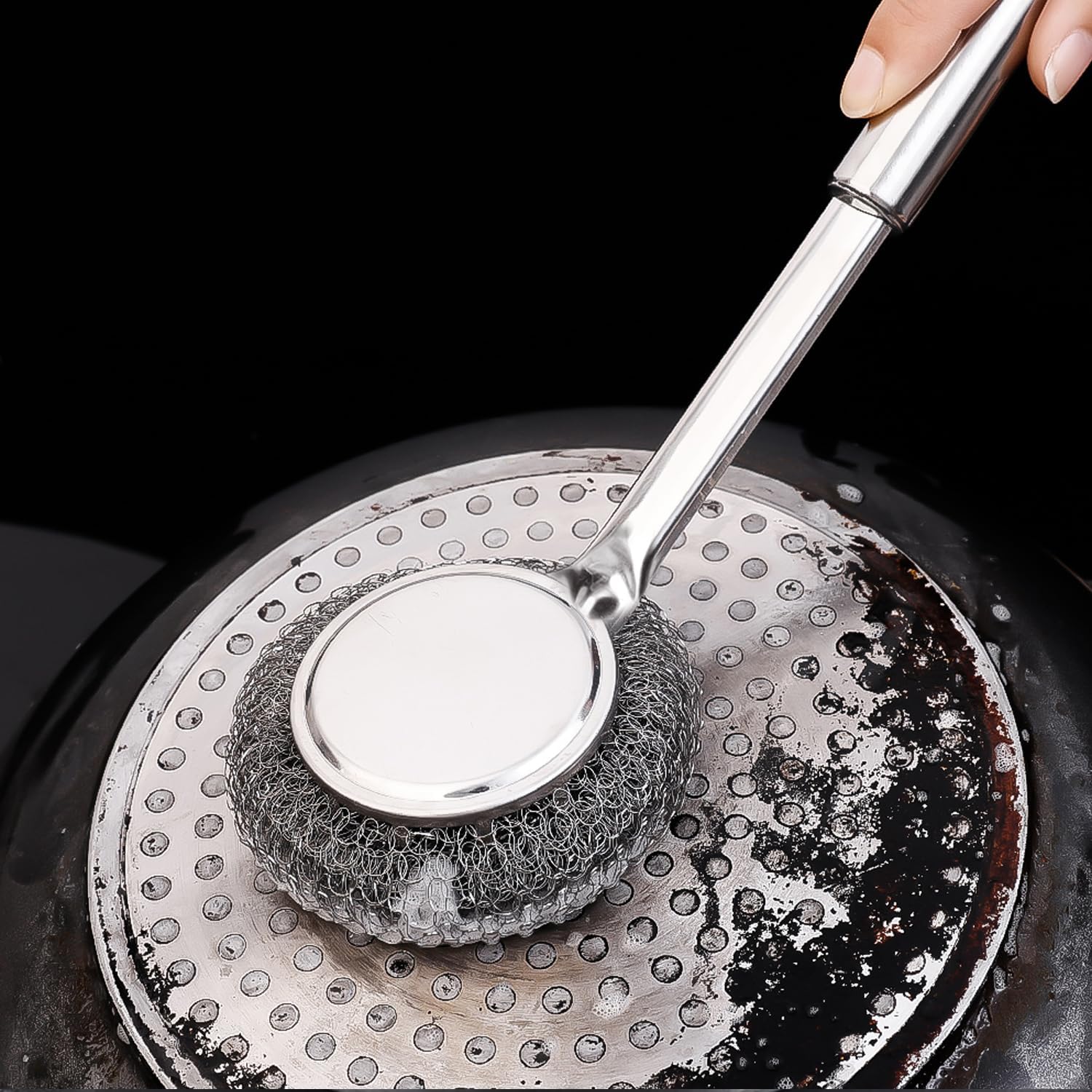 Stainless Steel Long Handle Cleaning Brush Detachable Metal Wire Ball Kitchen Pot Bowl Wiping Cleaning Tool