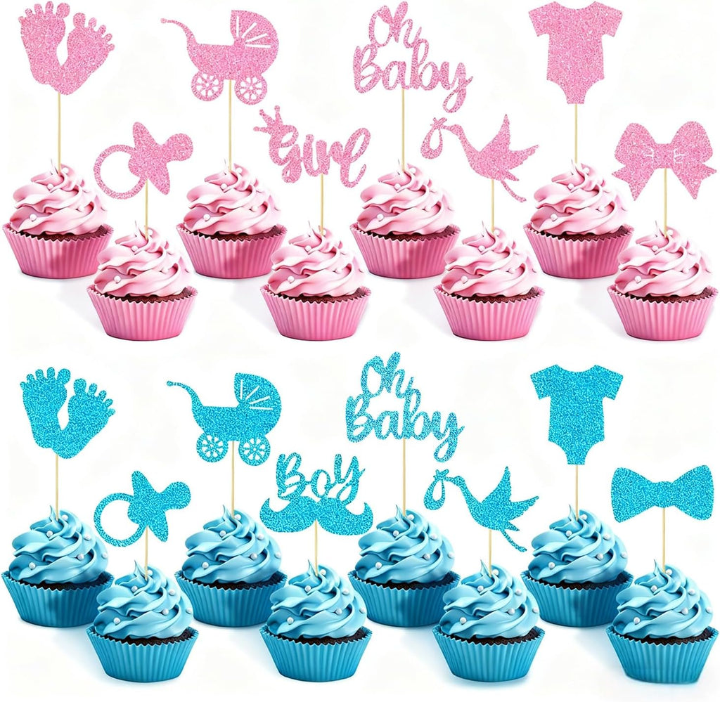 32 PCS Baby Gender Reveal Cupcake Topper Decorations Bule and Pink Glitter Gender Reveal Cupcake Decor for Boy or Girl Theme Baby Shower Kids Birthday Party Cake Decorations Supplies