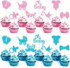 32 PCS Baby Gender Reveal Cupcake Topper Decorations Bule and Pink Glitter Gender Reveal Cupcake Decor for Boy or Girl Theme Baby Shower Kids Birthday Party Cake Decorations Supplies