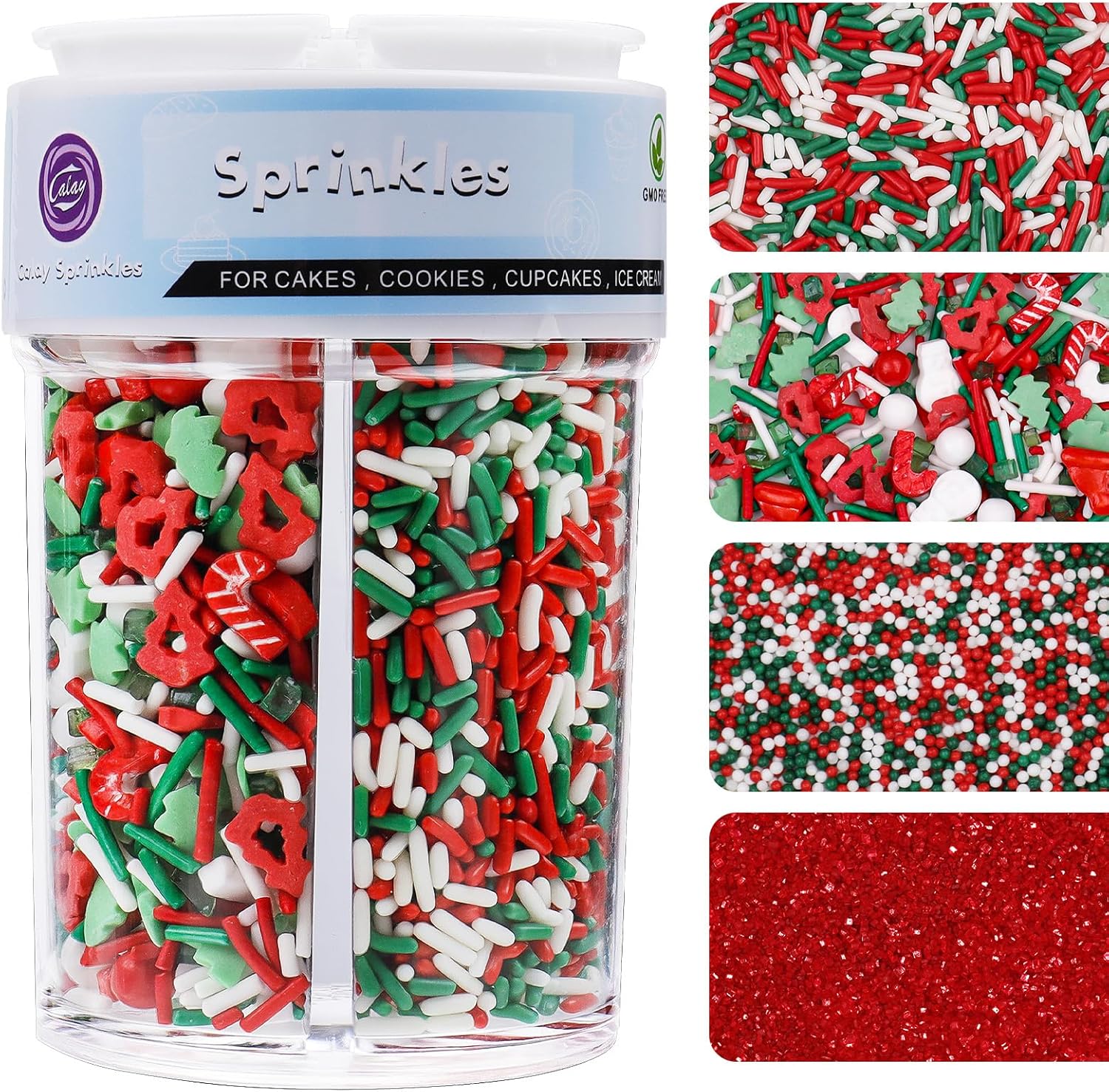 Christmas Sprinkles for Cookies Holiday Assortment 8 oz, White Red and Green Sprinkles Edible Jimmies, Nonpareils and Sanding Sugar Pearls for Decorating Christmas Cookies, Baking, Cupcakes, Cakes, Desserts