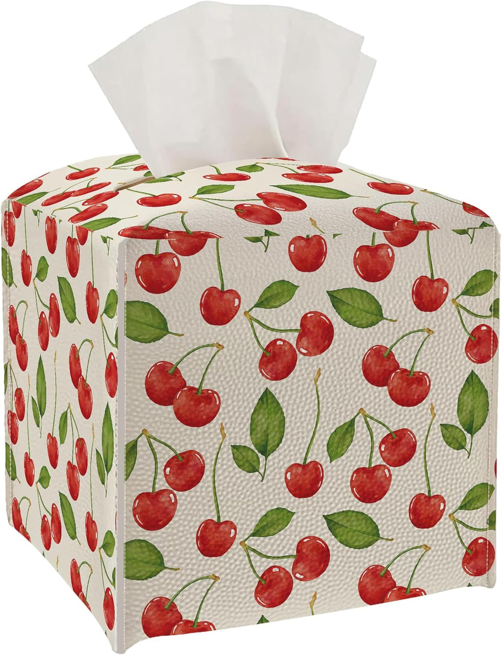 Tissue Box Cover - Red Cherry PU Leather Tissue Box Holder with Elastic Bottom Strap,5.2x5.2Inch Tissue Box Decor for Bathroom Countertop, Nightstand, Office Desk, Bedroom (Red-Cherry)