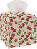 Tissue Box Cover - Red Cherry PU Leather Tissue Box Holder with Elastic Bottom Strap,5.2x5.2Inch Tissue Box Decor for Bathroom Countertop, Nightstand, Office Desk, Bedroom (Red-Cherry)