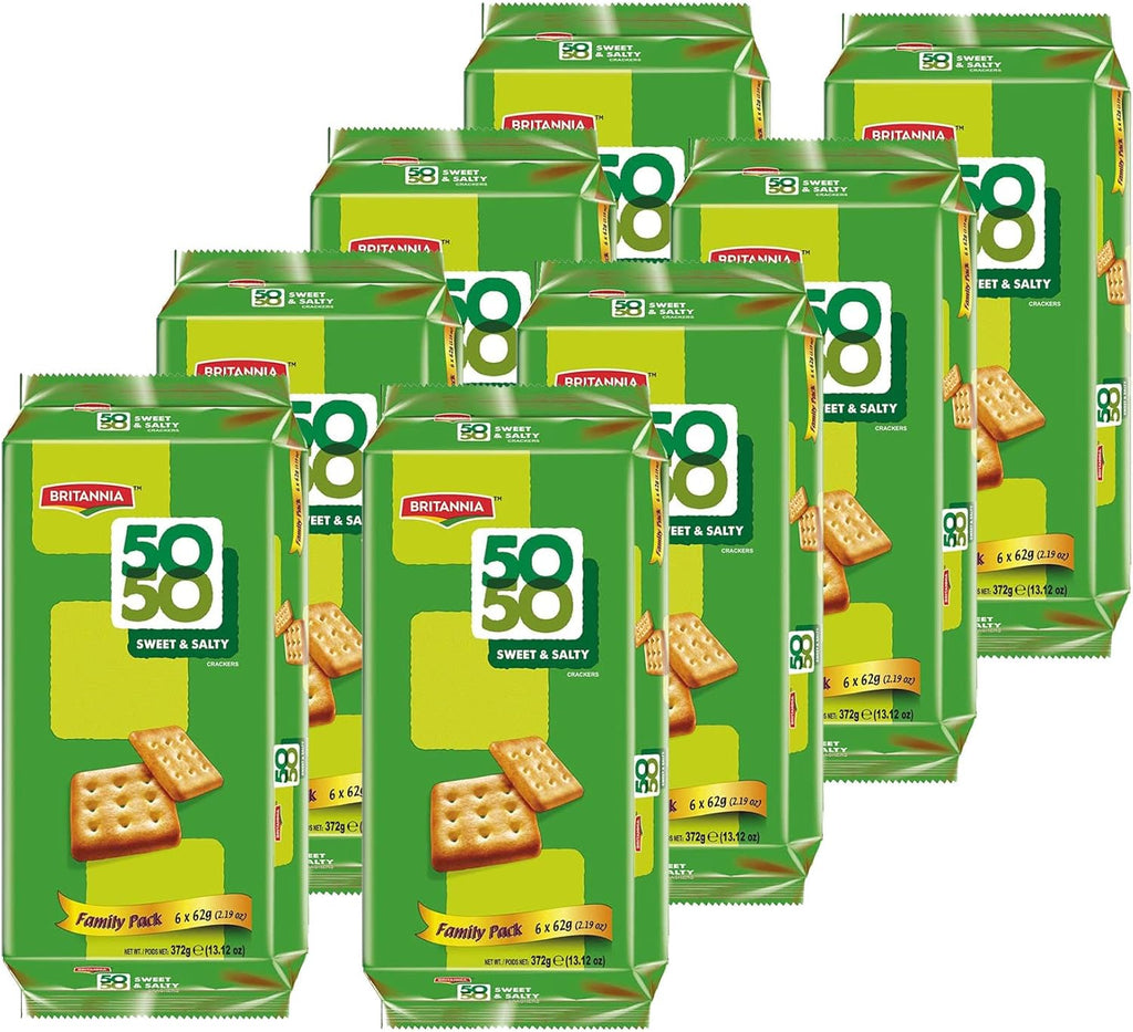 Britannia Crackers 50 50 Sweet and Salty Biscuit 13.12oz (372g) - Delicious, Light & Crispy Grocery Cookies - Best Treat for Friends & Family (Pack of 8)