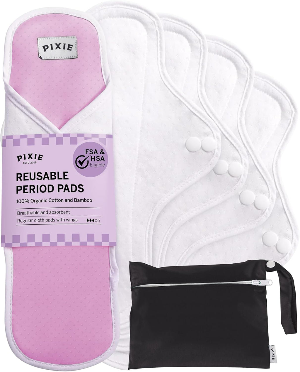 Pixie Organic Cotton Cloth Menstrual Pads - Reusable Regular Absorbency 5 Pack - Certified Organic Cotton Top Layer - Snap Wings for Secure Fit - Machine Washable - Wet Bag Included