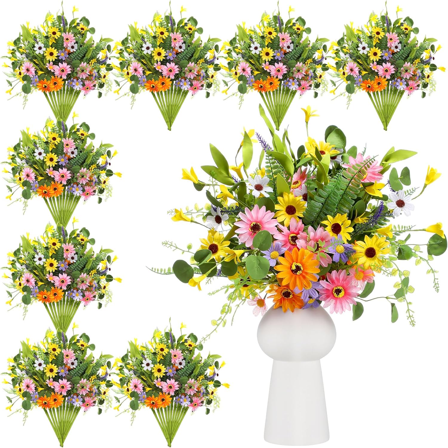 12 Bundles Wildflowers Artificial Flowers Outdoor Spring Fake Plastic Daisy Flowers Bouquets Fake Plants Vase Floral Arrangements Table Centerpiece for Wedding Home Decor(Bright Daisy)