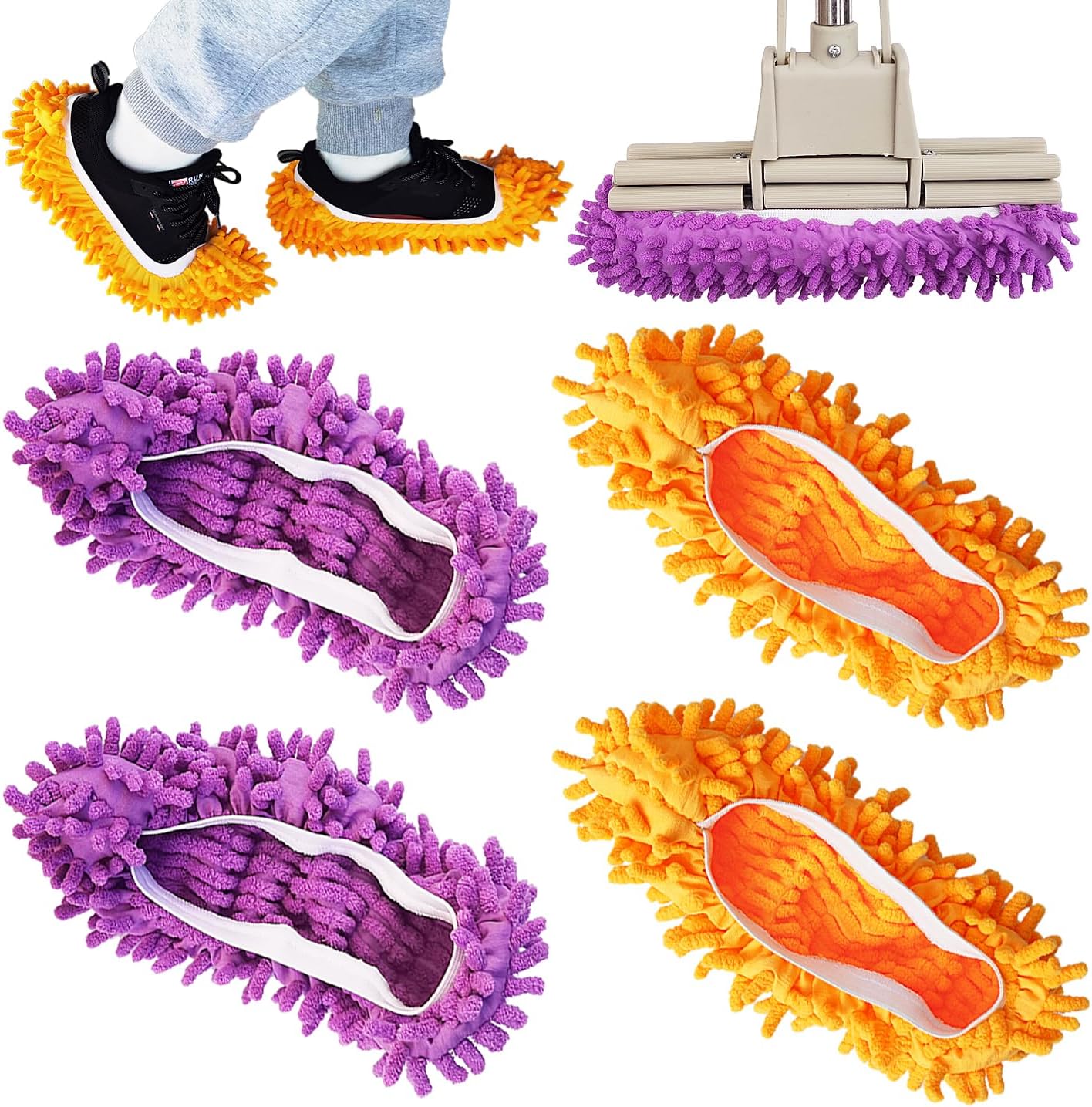 4 Pcs Shoes Cover Dust Duster, Washable Mop Slippers Shoes for Floor Cleaning, Reusable Microfiber Duster Mops for House, Office, Bathroom, Kitchen Cleaning (2Pairs)