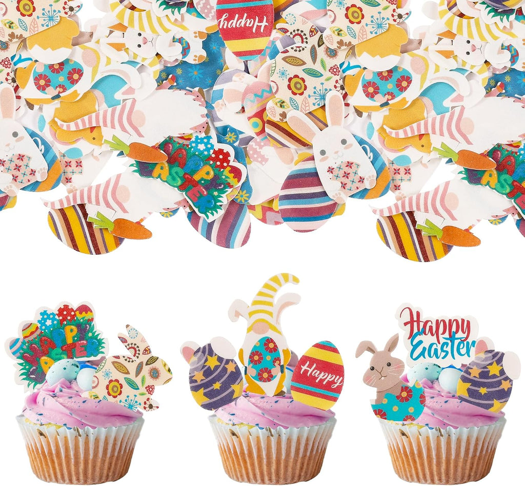 Gyufise 70 Pack Edible Happy Easter Cupcake Toppers Bunny Cupcake Picks Edible Easter Cake Decorations for Easter Theme Baby Shower Kids Birthday Party Cake Supplies