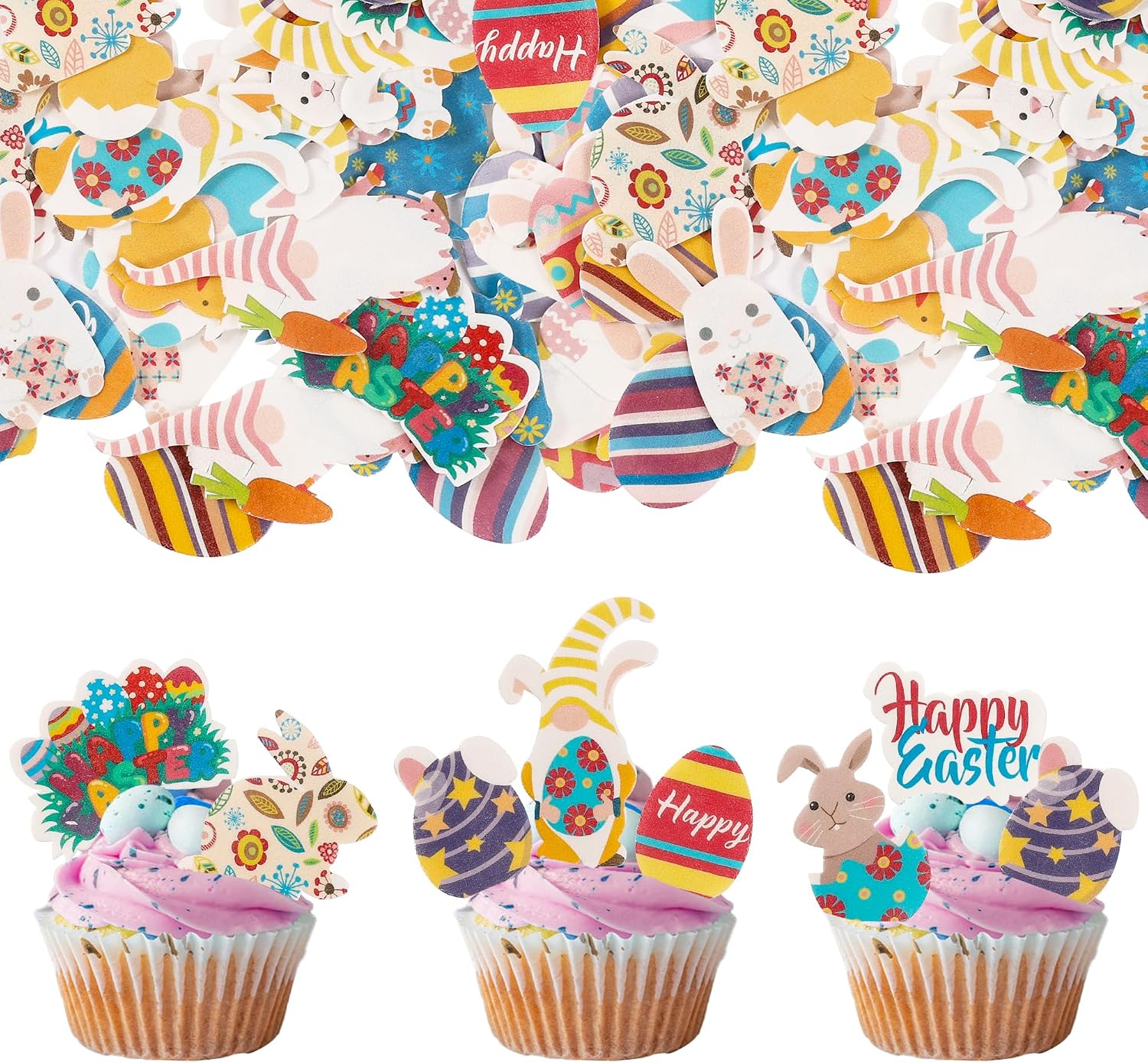 Gyufise 70 Pack Edible Happy Easter Cupcake Toppers Bunny Cupcake Picks Edible Easter Cake Decorations for Easter Theme Baby Shower Kids Birthday Party Cake Supplies