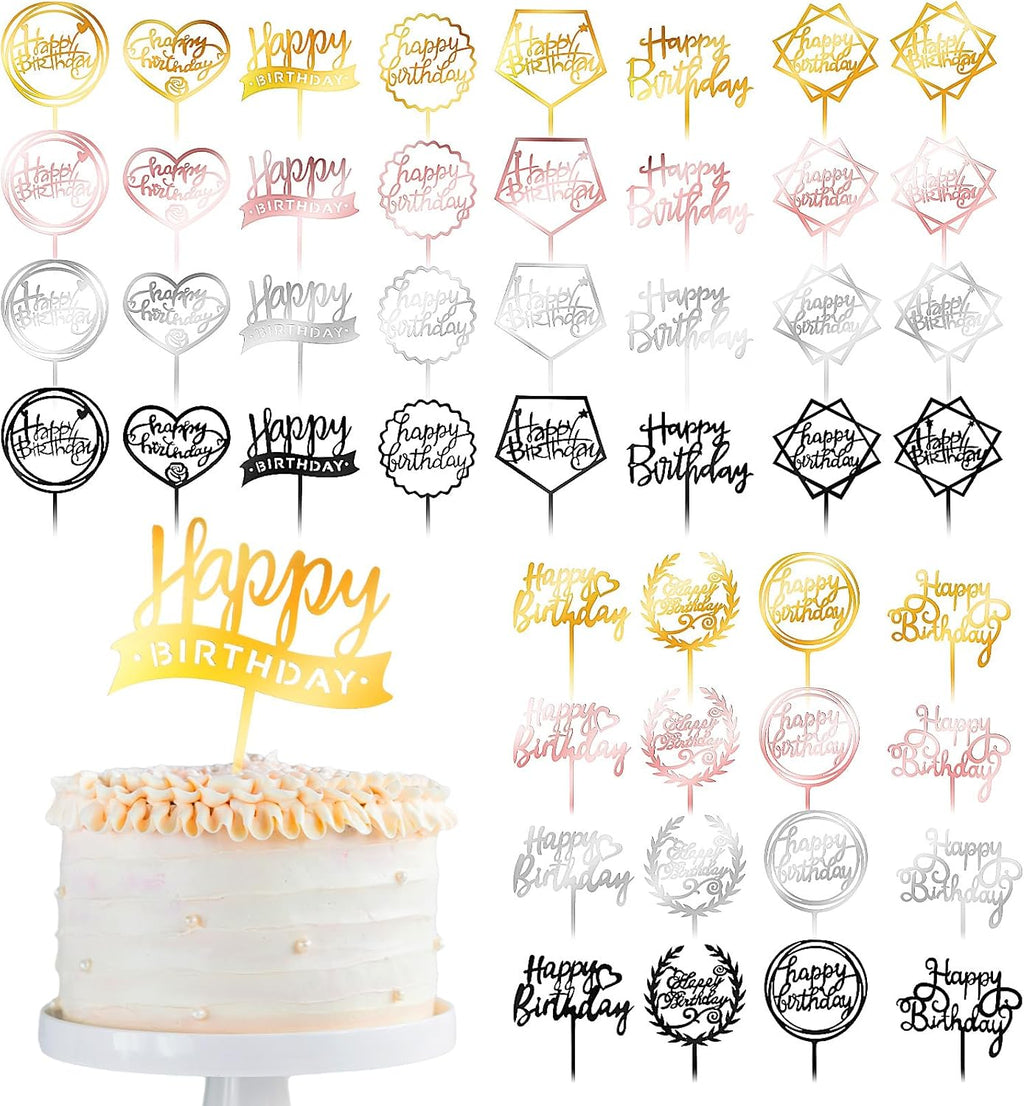 Jetec 48 Pcs Acrylic Happy Birthday Cake Topper - Gold, Black, Rose Gold, Silver - Cupcake Topper, Sign, Cake Pick for Party Desserts & Pastries
