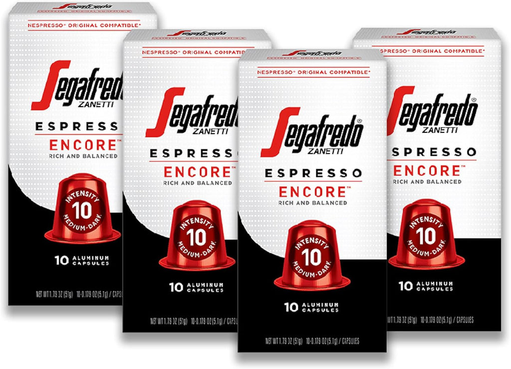 Segafredo Zanetti Espresso Capsules – Aluminum Pods for Nespresso Original Machines – Medium-Dark Roast Premium Espresso with a Rich Aroma – Balanced, Intensity 10 – Encore, 10 Count (Pack of 4)