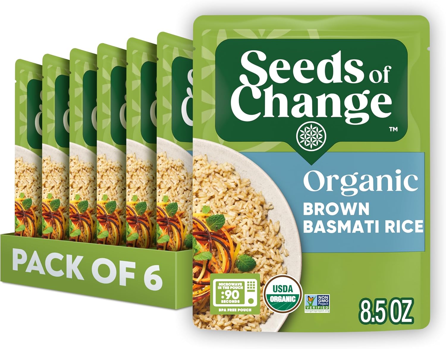 SEEDS OF CHANGE Certified Organic Brown Basmati Rice, Organic Food, 8.5 OZ Pouch (Pack of 6)