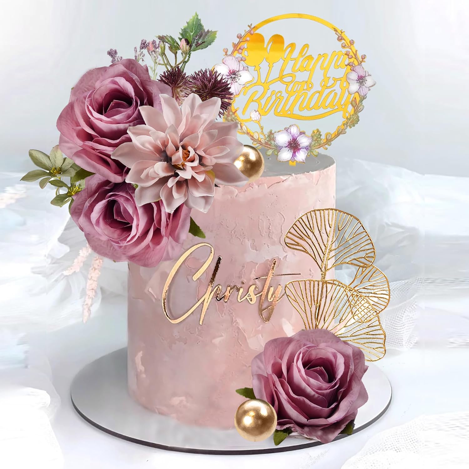 Flower Cake Toppers Happy Birthday Cake Toppers with Artificial Purple Rose Flowers Eucalyptu Leaves for Wedding Supplies (Purple)