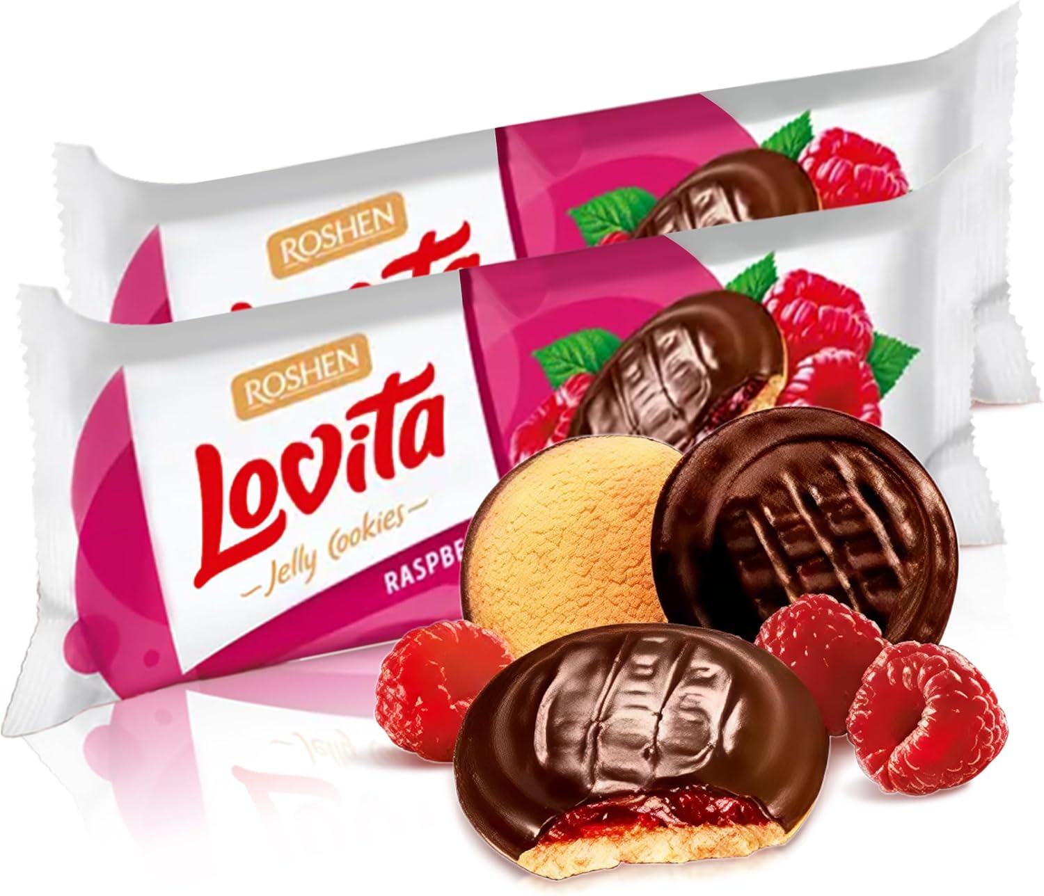 Roshen Lovita Cookies with Raspberry Jelly Filling, 4.76 oz, Golden Biscuit with Bright Raspberry Jelly & Smooth Chocolate Glaze, European Gourmet Cookies, Pack of 2