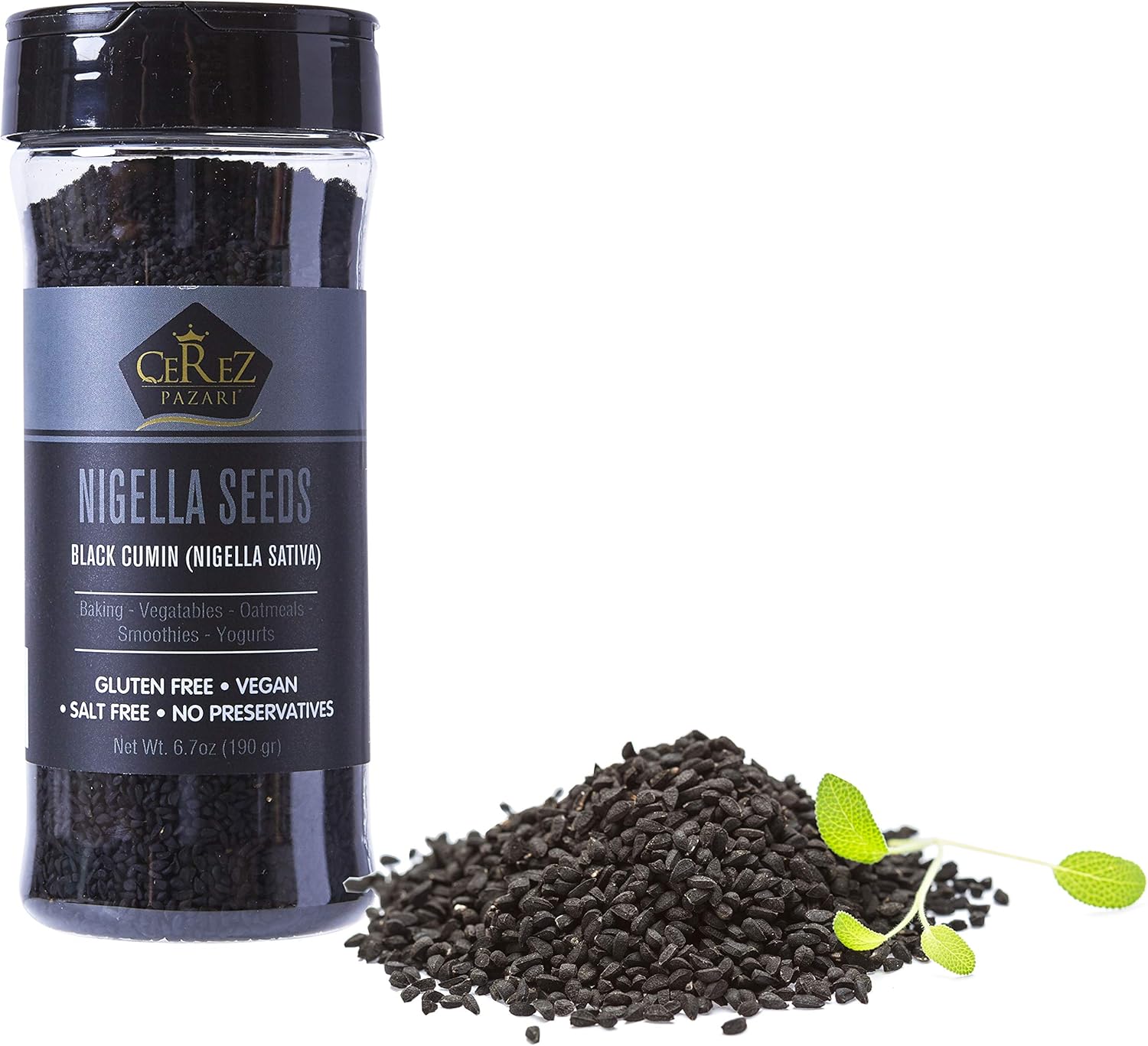 Cerez Pazari Nigella Seeds 7 oz, Black Cumin Seeds, Black Caraway Nigella Seeds, Natural Nigella Sativa, Vegan Kalonji, Non-GMO, Gluten-Free, Easy To Use Flapper Spice Cap
