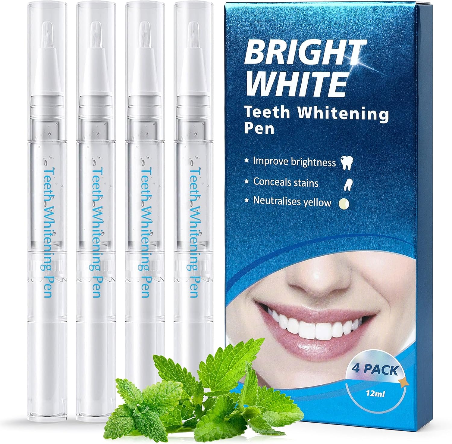 Teeth Whitening Pen, 4 Pack Tooth Whitening Gel Formula for Instant Stain Removal, Brightens Smile & Neutralizes Yellow Tones, Safe for Sensitive Teeth, Mint Flavor