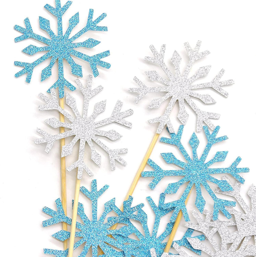 PartyWoo Frozen Cake Toppers, 20 pcs Snowflakes Cupcake Topper Set, Glitter Silver and Blue for Frozen Cake Winter Wonderland Birthday Party Decorations