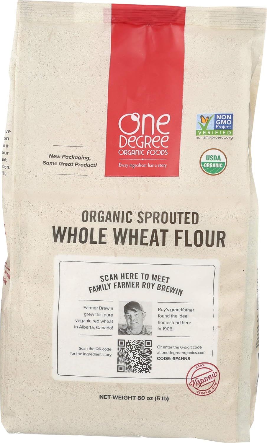 One Degree Organic Foods Sprouted Whole Wheat Flour, Certified Non-GMO & Vegan Flour for Baking, Plant Based & Organic Bread Flour (4 Pack, 80 Oz. Each)