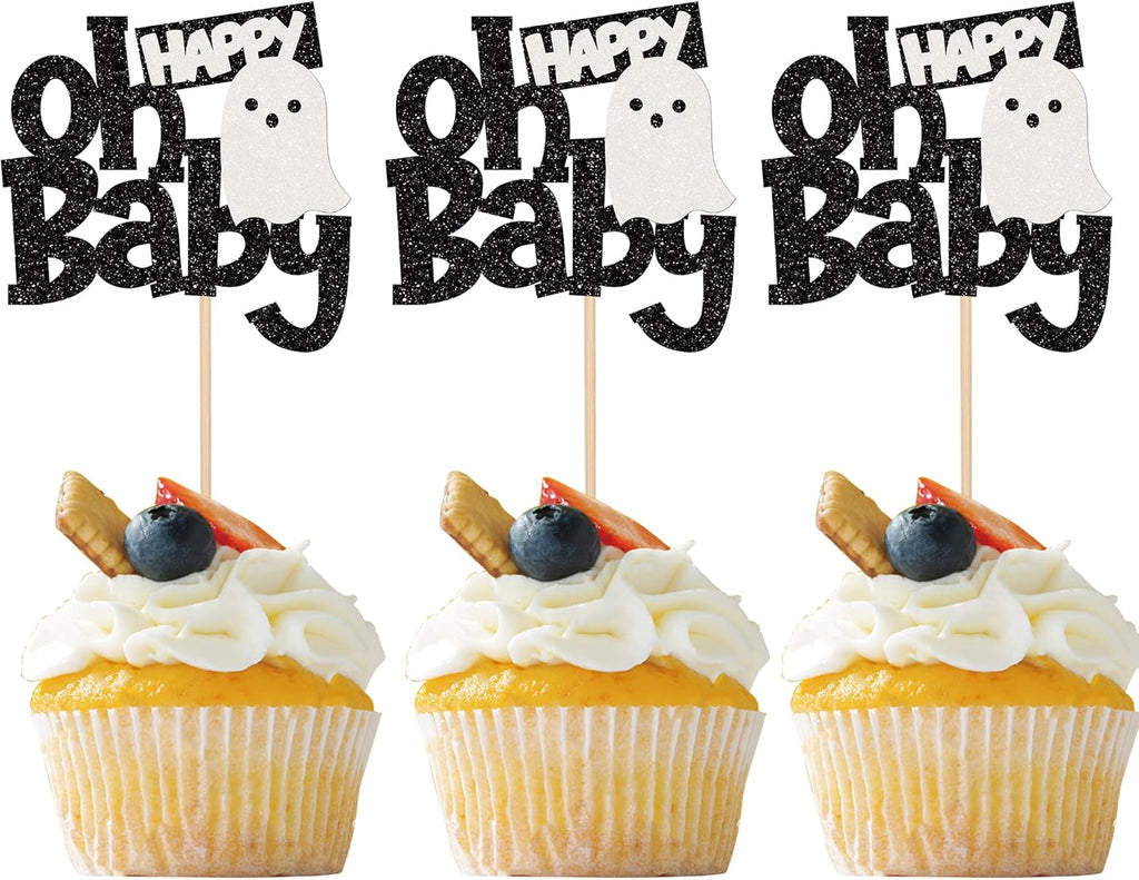Oh Baby 24 Pack Halloween Cupcake Toppers - Glitter Ghost Cupcake Picks for Baby Shower, Kids Birthday, Party Decoration