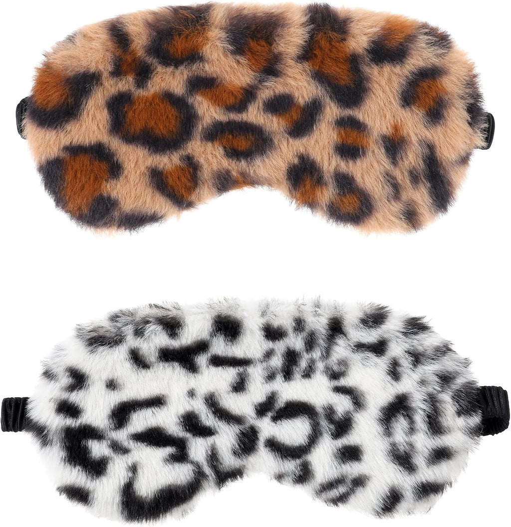 2 Pcs Plush Leopard Eye Mask Soft Sleeping Blindfold Eye Cover Comfortable Furry Faux Fur Sleeping Mask Satin Nap Night Eyeshade Cover for Women Men Gift (Brown, White)