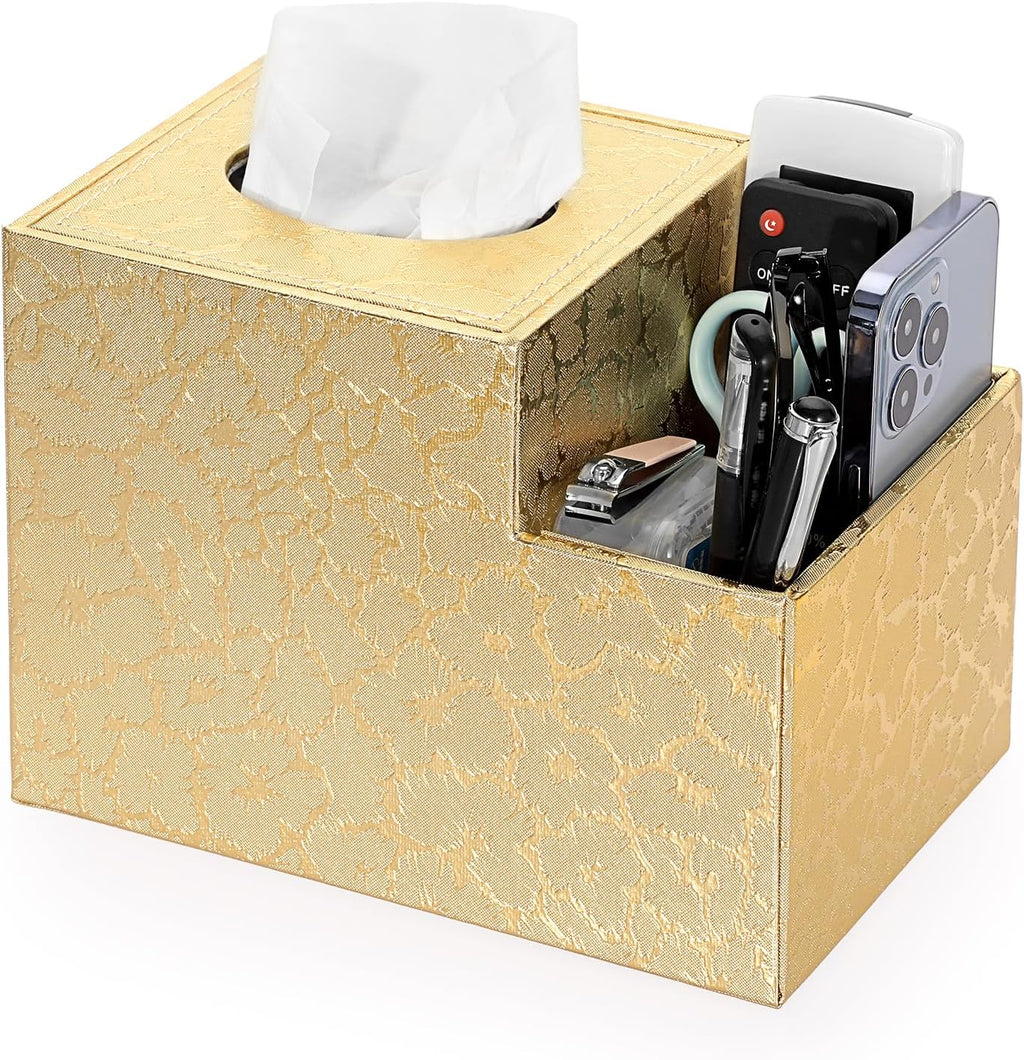 Sumnacon Square Leather Tissue Box Cover - PU Cube Tissue Box Holder with Side Organizer, Decorative Tissue Box for Living Room Vanity Night Stand Desk Countertop Office, Gold