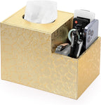 Sumnacon Square Leather Tissue Box Cover - PU Cube Tissue Box Holder with Side Organizer, Decorative Tissue Box for Living Room Vanity Night Stand Desk Countertop Office, Gold