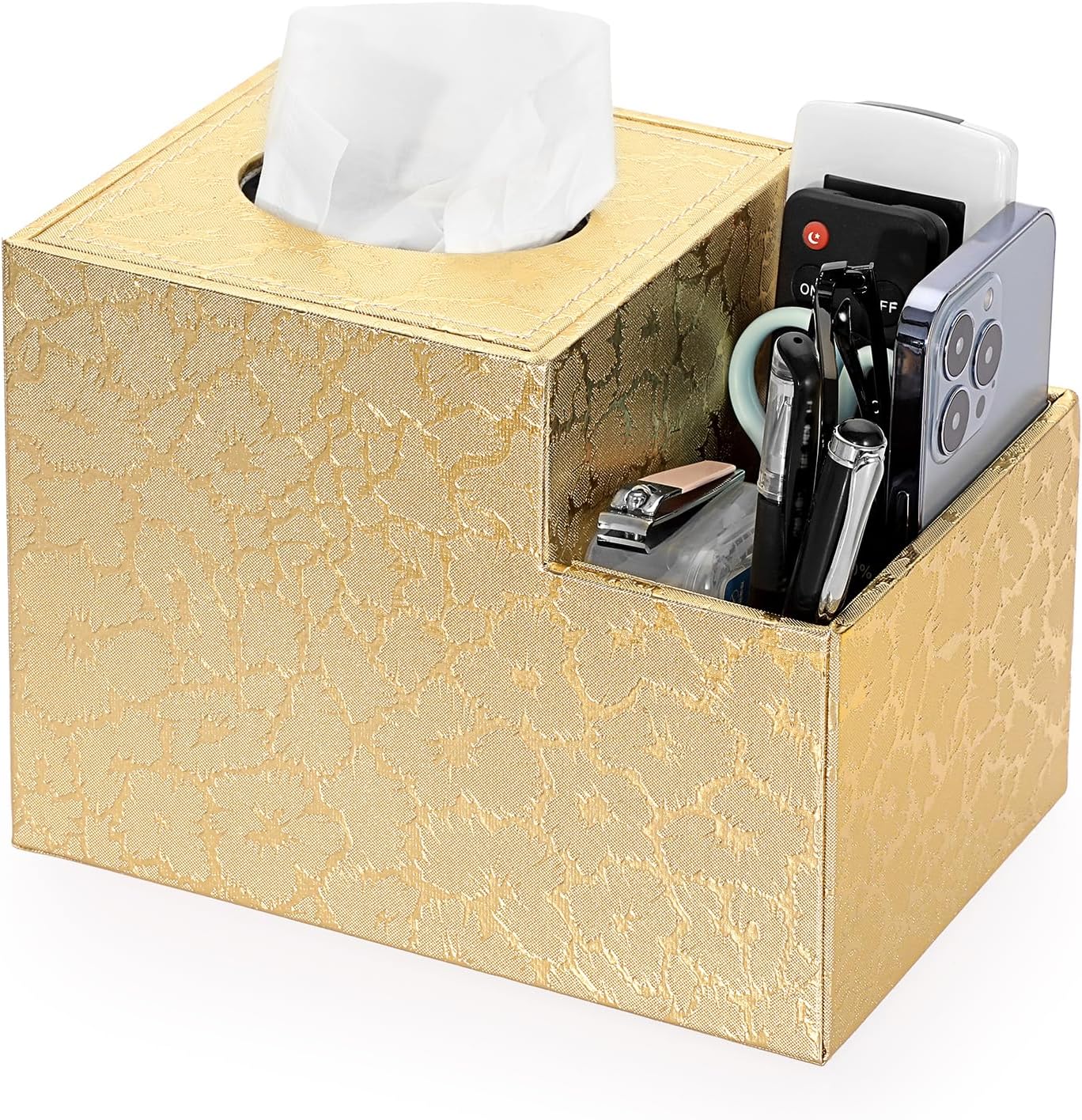 Sumnacon Square Leather Tissue Box Cover - PU Cube Tissue Box Holder with Side Organizer, Decorative Tissue Box for Living Room Vanity Night Stand Desk Countertop Office, Gold