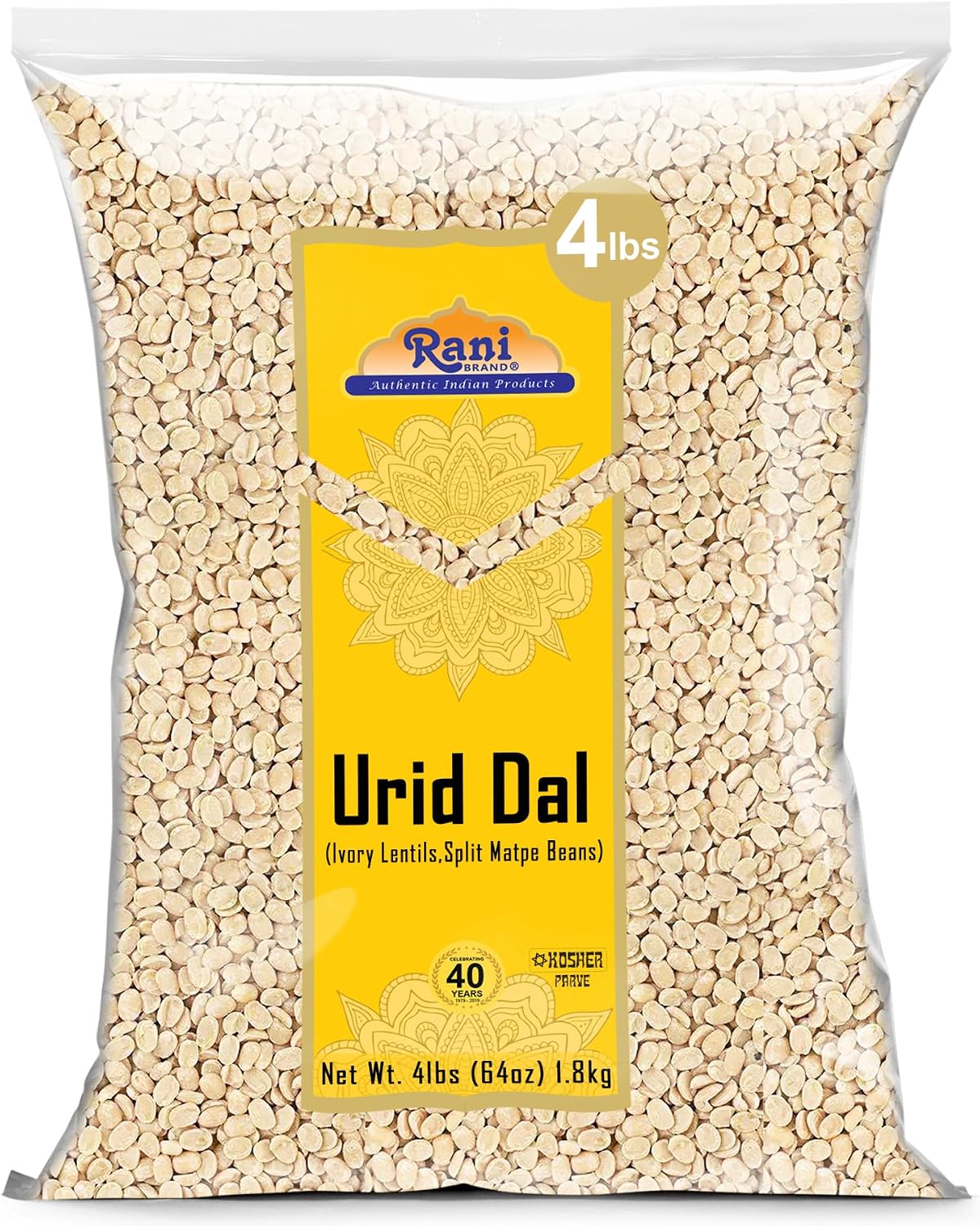 Rani Urid/Urad Dal (Split Matpe Beans Skinless) Indian Lentils 64oz (4lbs) 1.81kg Bulk ~ All Natural | Gluten Friendly | Non-GMO | Kosher | Vegan | Indian Origin