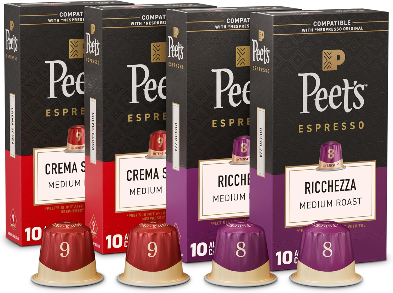Peet's Coffee, Medium Roast Espresso Capsules Variety Pack, Compatible with Nespresso Original Machine, 100% Arabica Coffee - Intensity 8-9, 40 Count (4 Boxes of 10 Espresso Capsules)