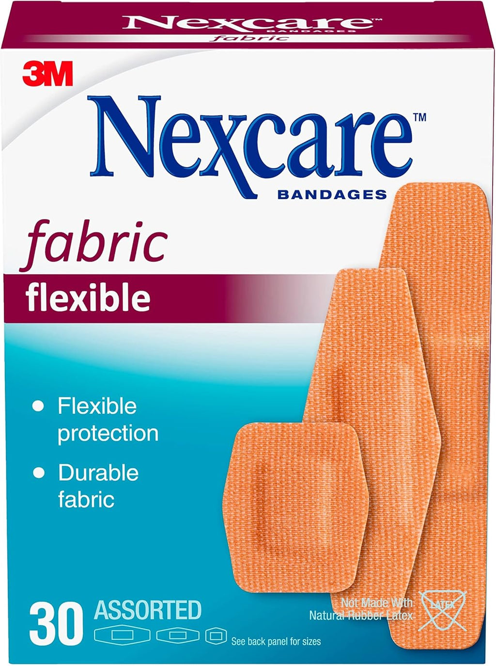Nexcare Heavy Duty Flexible Fabric Bandages, Assorted Sizes, 30 Count, Latex-Free, Durable Adhesive Bandages for First Aid and Wound Care
