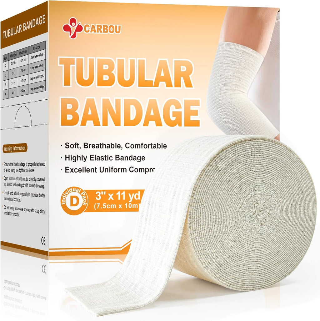 Carbou Elasticated Tubular Support Bandage 3" x 11 yd (Size D), Soft Stockinette Tubing for Legs, Arms, Knees, Thighs, Reusable Compression Support Bandage Roll for Joint Tissue